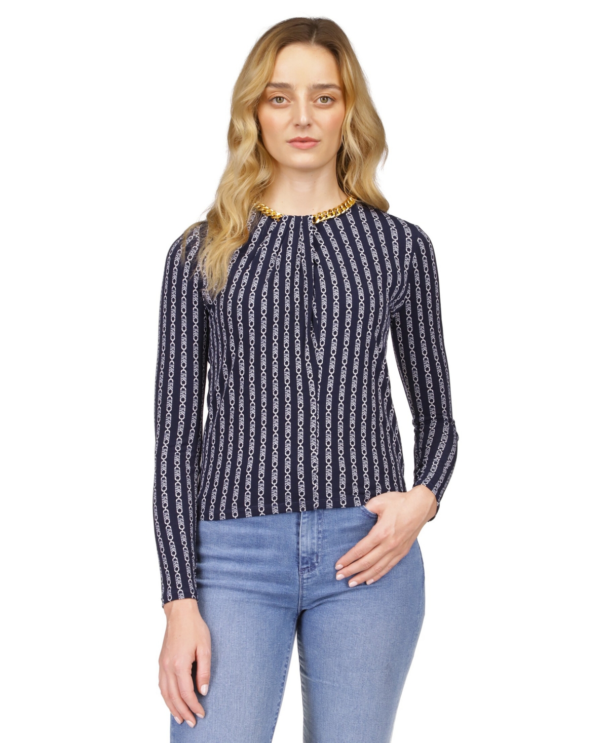 Michael Kors Long Sleeve Chain Neck Top In Midnight Blue