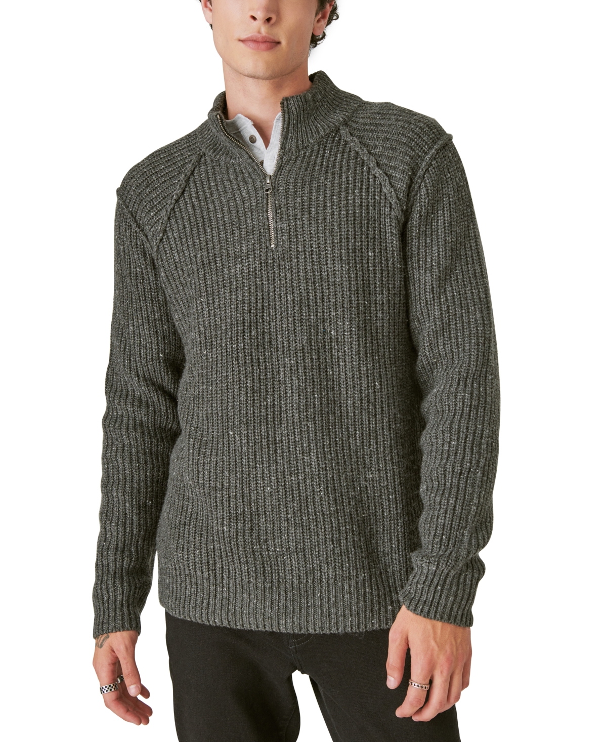 Shop Lucky Brand Men's Tweed Mock Neck Half-zip Sweater In Charcoal Heather Gray