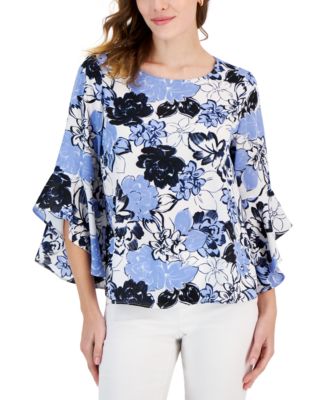 Kasper - Petite Floral-Print Ruffle-Sleeve Blouse