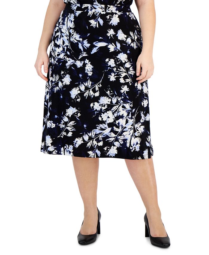 Kasper Plus Size Floral-Print Pull-On Flared Midi Skirt - Macy's