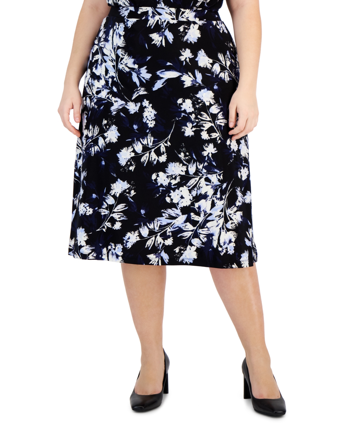 Plus Size Floral-Print Pull-On Flared Midi Skirt - Black/ California Sky