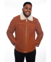 Men's Leather Banded Sheepskin Casual Jacket, Washed Whiskey with White Wool - Whiskey
