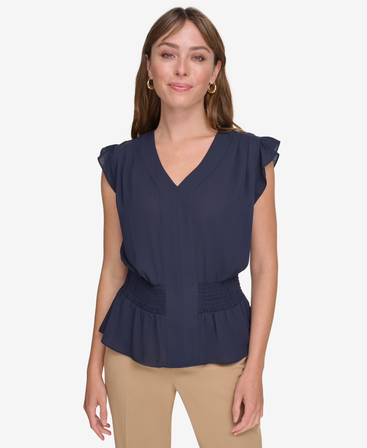 Tommy Hilfiger Women's Ruffled Smocked V-neck Top In Midnight