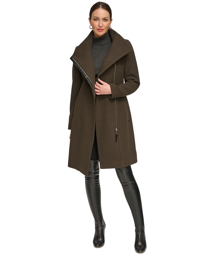 DKNY Womens Asymmetrical Faux-Fur-Collar Zipper Wool Coat Black XXL  Affordable Designer Brands