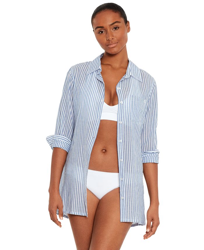 Lauren Ralph Lauren Cotton Striped Camp Shirt Swim Cover-Up - Blue White - Size XS