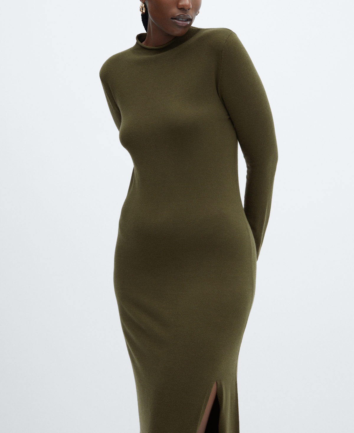 mango side slit knit dress Women's Knitted - Khaki pb4