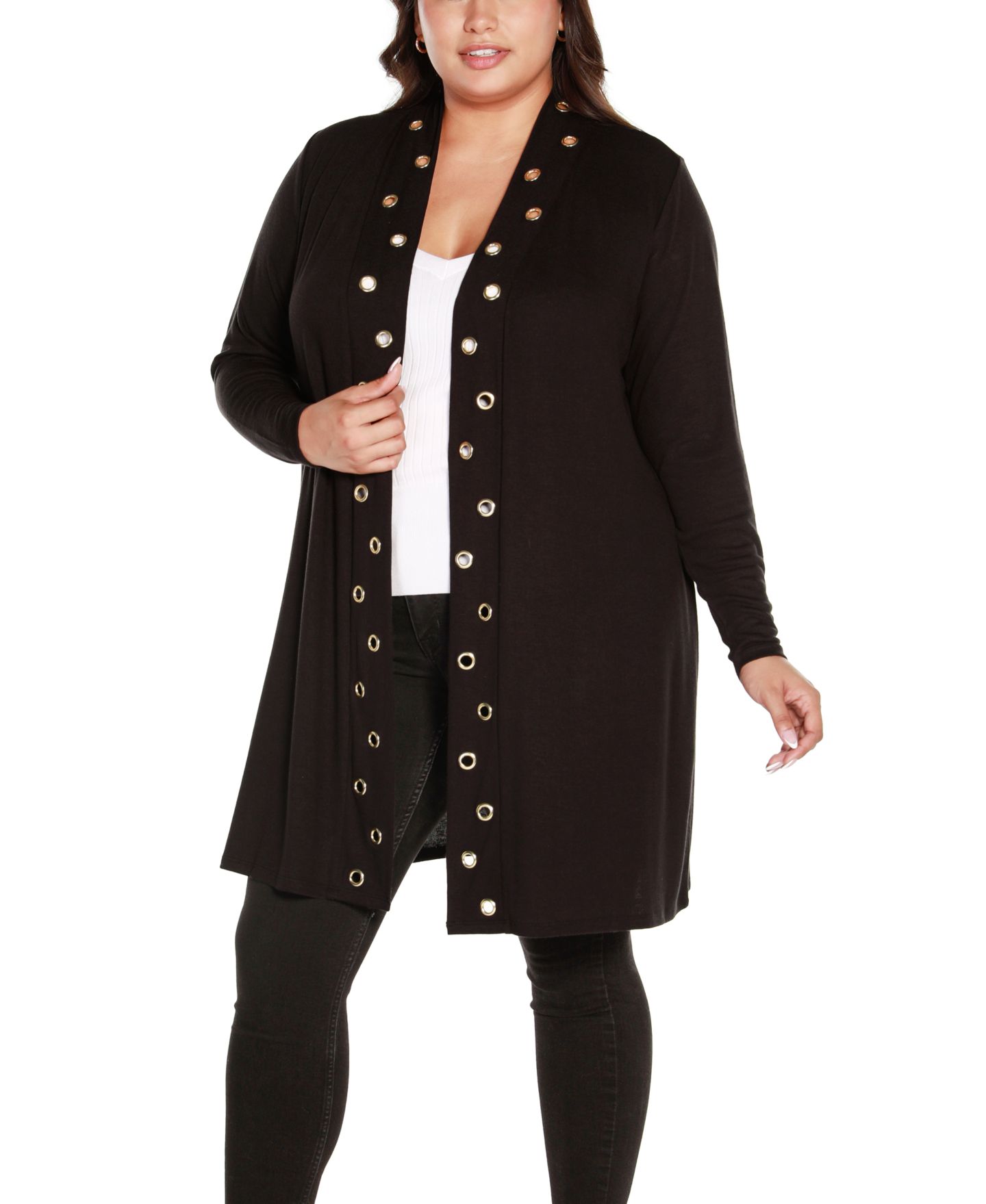 Женский кардиган Belldini Plus Long Sleeve Grommet-Trim Cardigan Top, цвет: Чёрный — фото 2