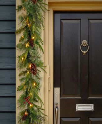 9' x 10" Feel Real(R) Colonial Garland with 15 Pine Cones, 15 Red Berries and 50 Dual Color(R) Battery Operated LED Lights with Timer-9 Functions