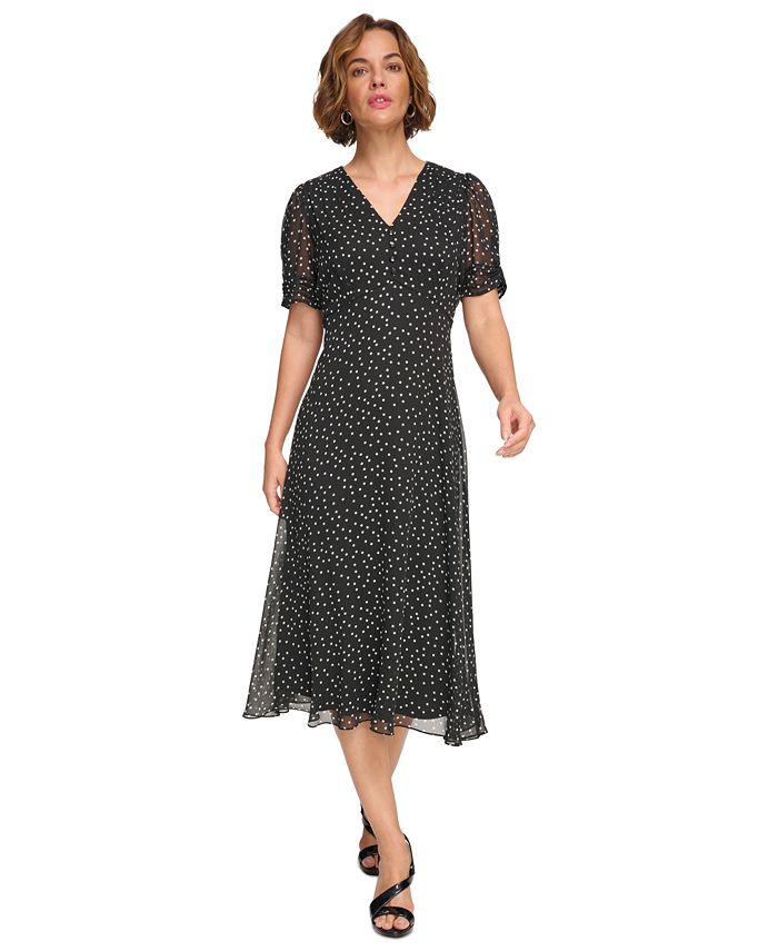 DKNY V-NECK FLUTTER SLEEVE SMOCKED WAIST MIDI DRESS - Denné šaty