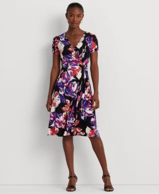 로렌 랄프로렌 Lauren Ralph Lauren Womens Floral Stretch Jersey Surplice Dress,Black/purple/multi