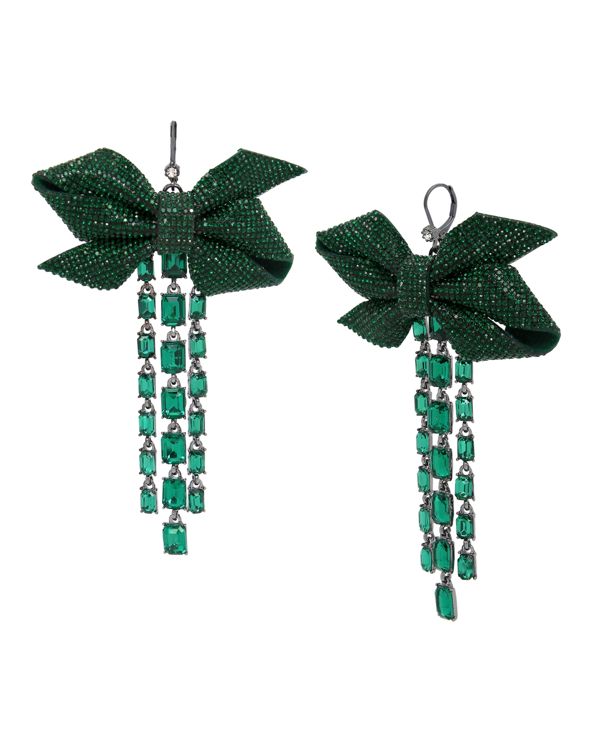 Faux Stone Pave Bow Fringe Earrings - Emerald, Hematite