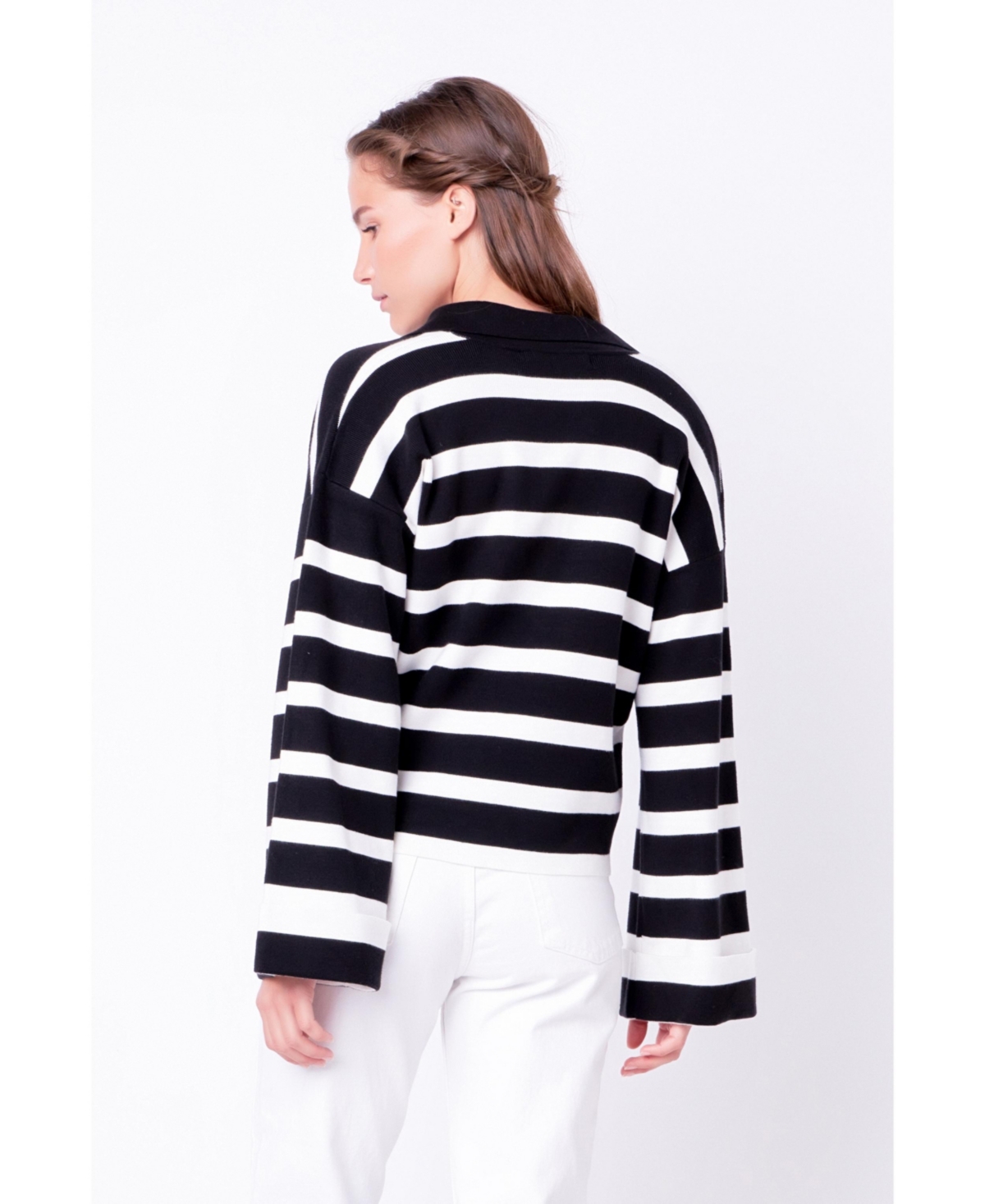 Women's Striped Collared Cropped Sweater -white