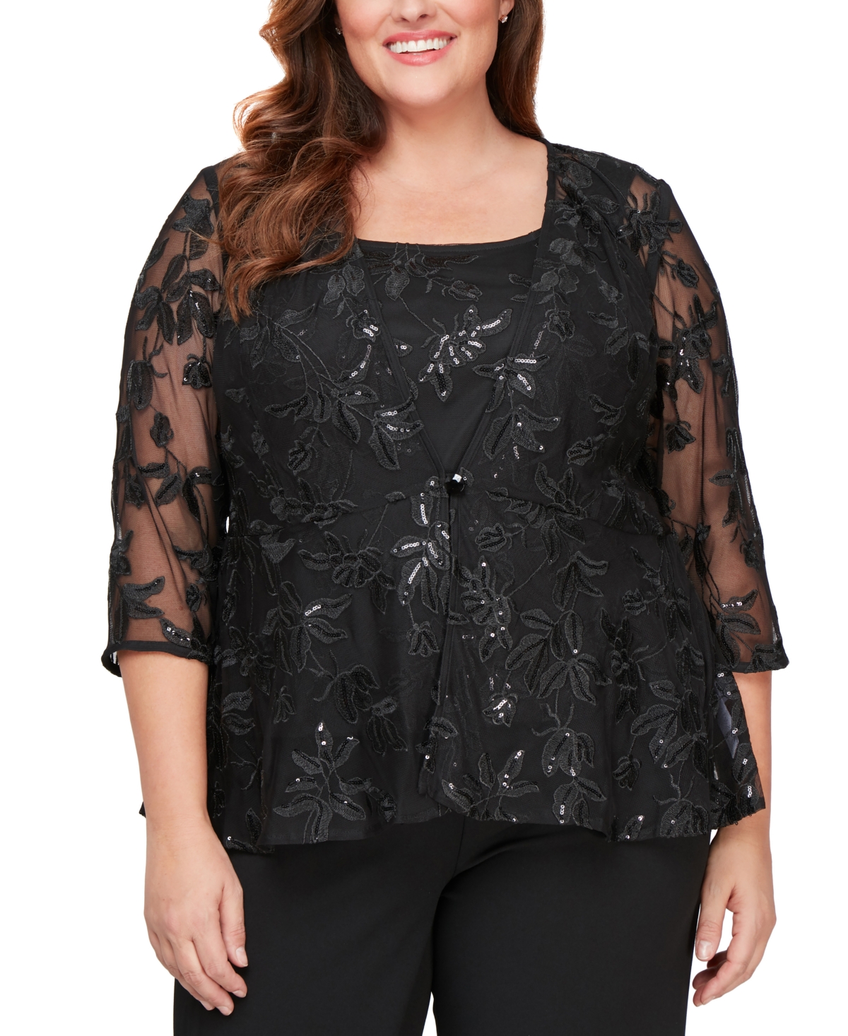 Alex Evenings Plus Size Sequined Embroidered Twin Set In Black