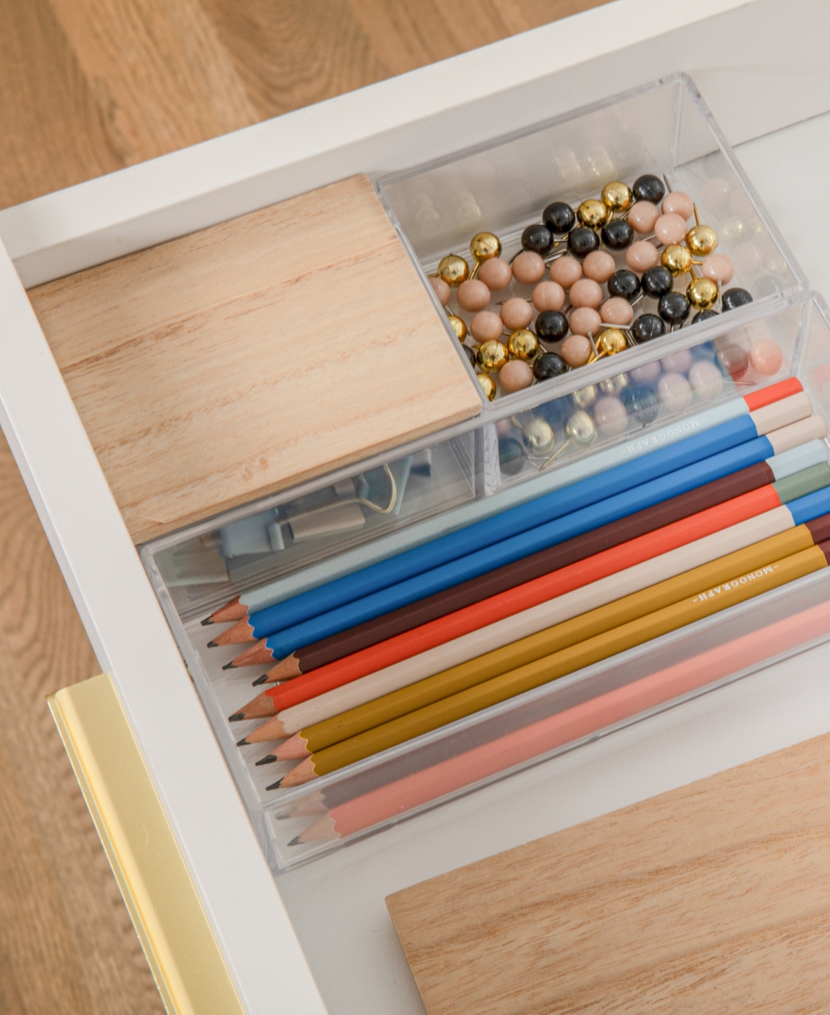 Martha Stewart Brody Plastic Storage Organizer Bins with Paulownia Wood Lids for Home Office, Kitchen, or Bathroom, 2 Small, 1 - Light N