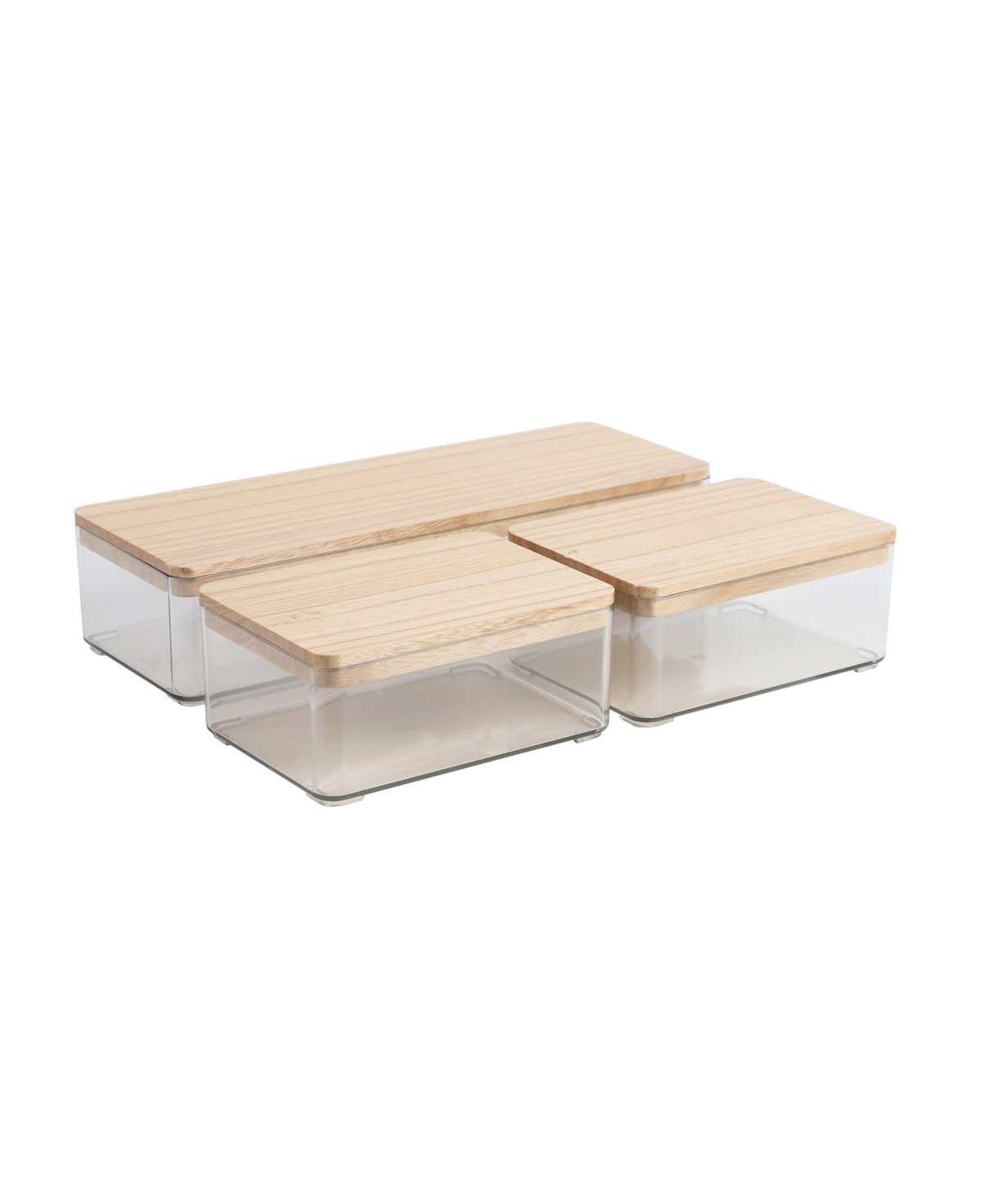 Martha Stewart Grady Set Of 3 Plastic Stackable Storage Boxes With Paulownia Wood Lids In Clear,light Natural