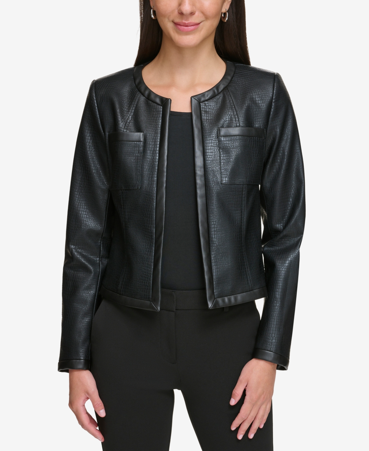 Dkny Women's Collarless Faux Leather Open-front Jacket In Black