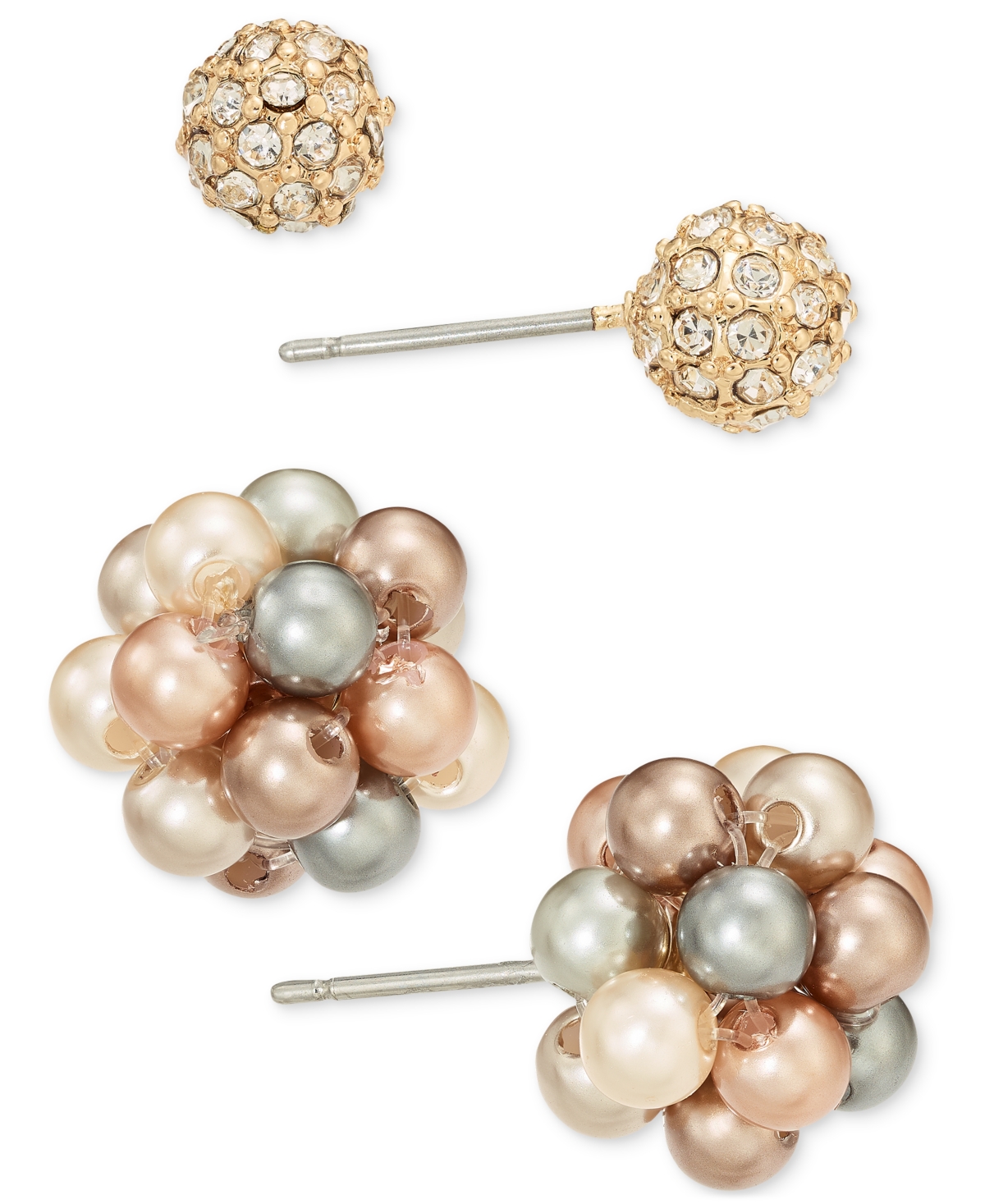 Gold-Tone 2-Pc. Set Pave Fireball & Tonal Imitation Pearl Cluster Stud Earrings, Created for Macy's - Taupe