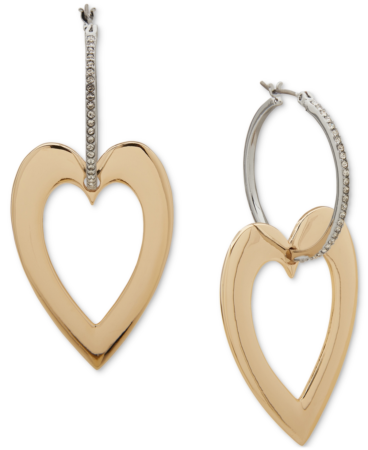 Two-Tone Heart Charm Pave Hoop Earrings - Crystal