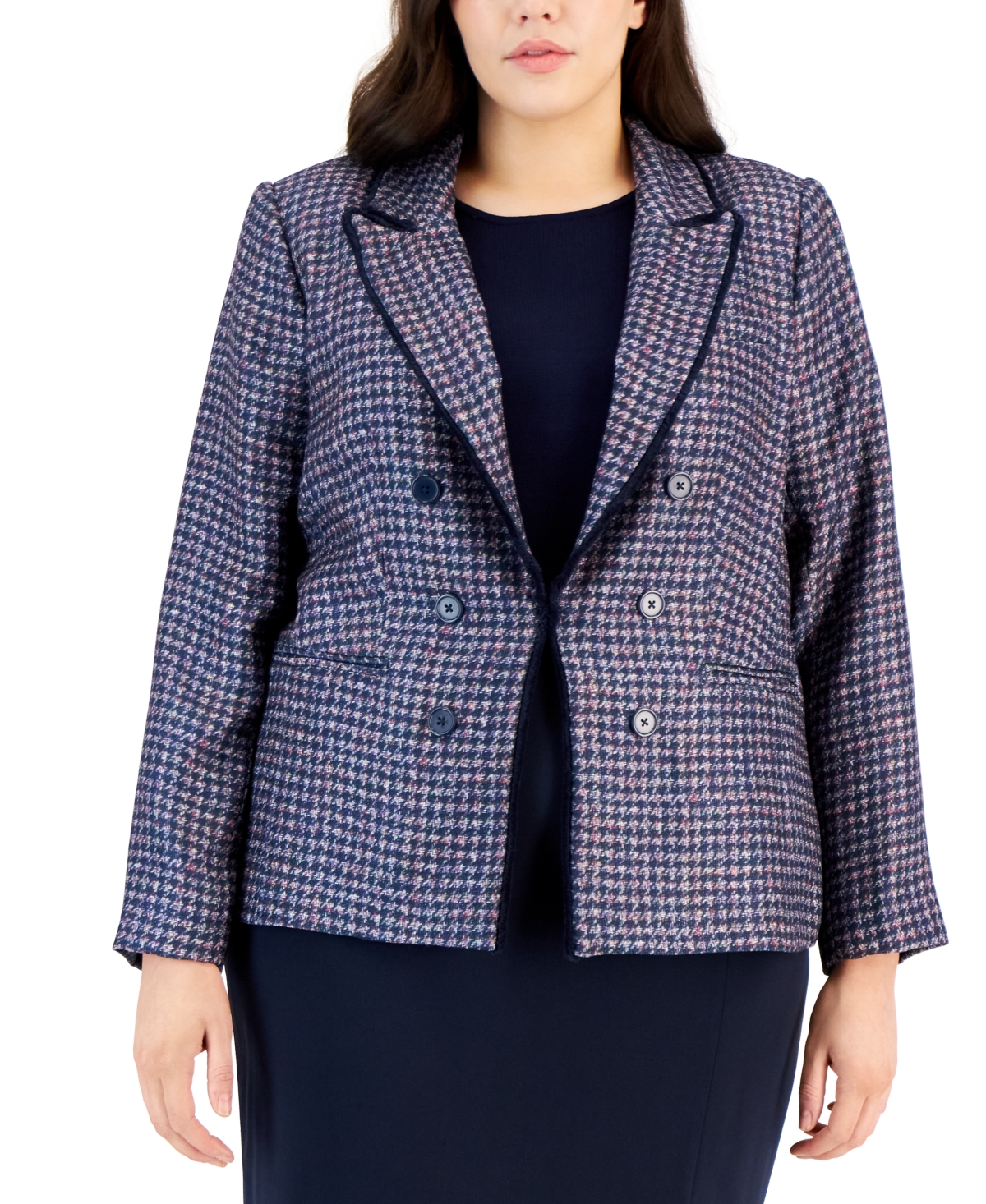 Tahari Asl Plus Size Faux-double-breasted Blazer In Navy,pink