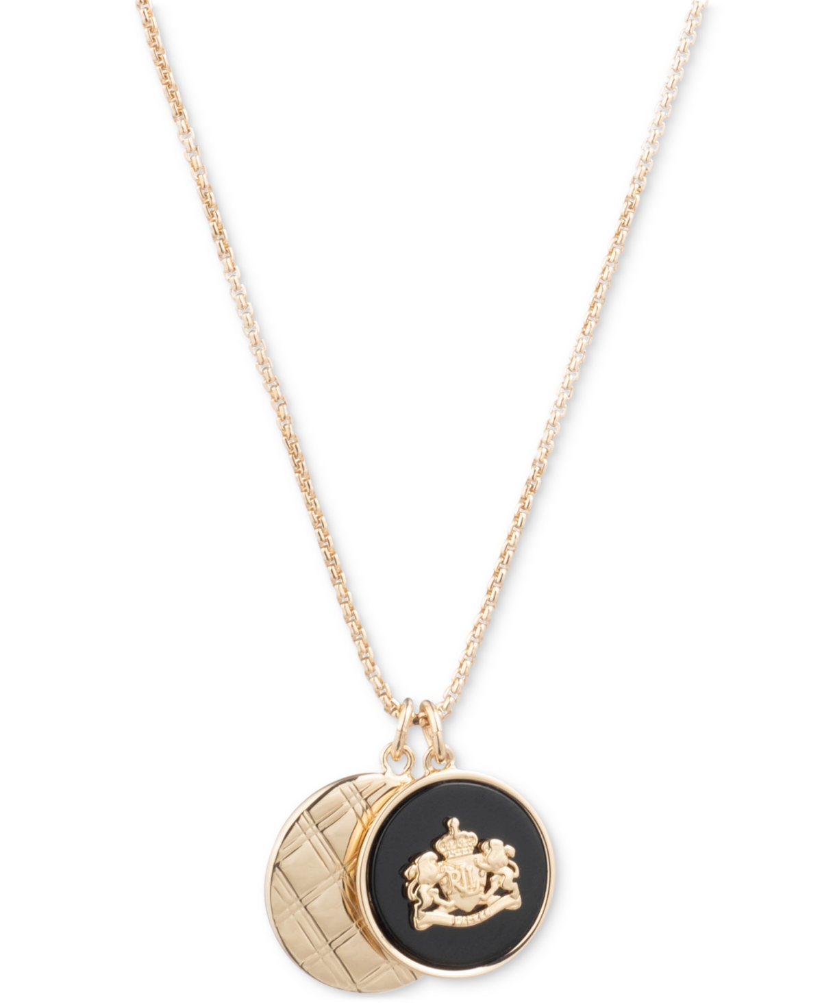 Lauren Ralph Lauren Gold-tone Tartan Pattern & Crest Multi-charm 40" Adjustable Pendant Necklace In Black