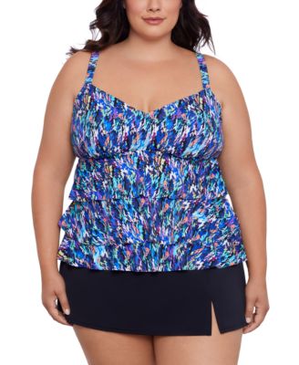 Swim Solutions Plus Size Printed Triple Tier Tankini Swim Skirt Created For Macys In Rainbow Rain