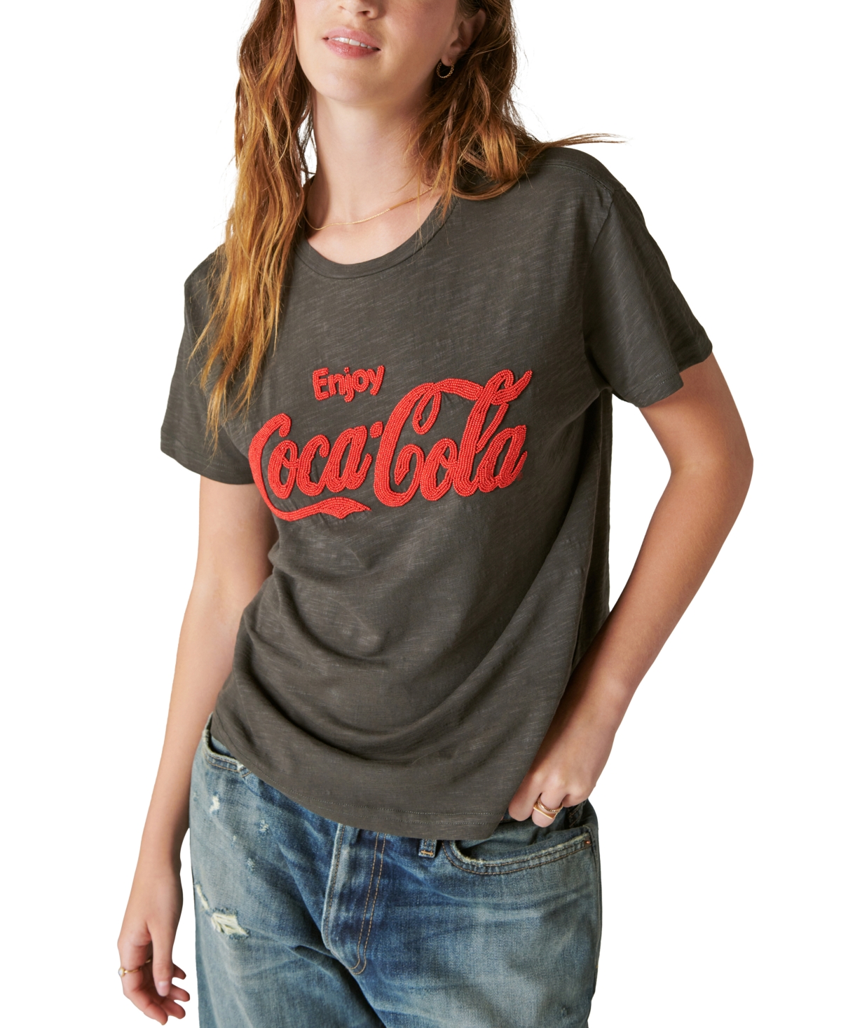 Lucky Brand Women's Beaded Coca-cola Logo Cotton T-shirt In Raven