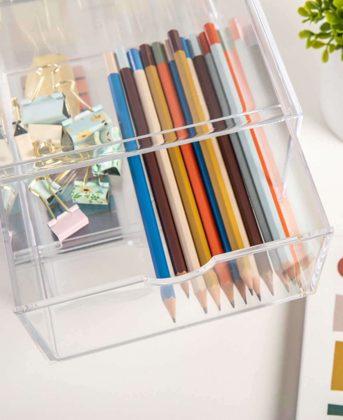 Martha Stewart Brody 2 Pack Plastic Stackable Office Desktop Organizer Boxes with Drawer,