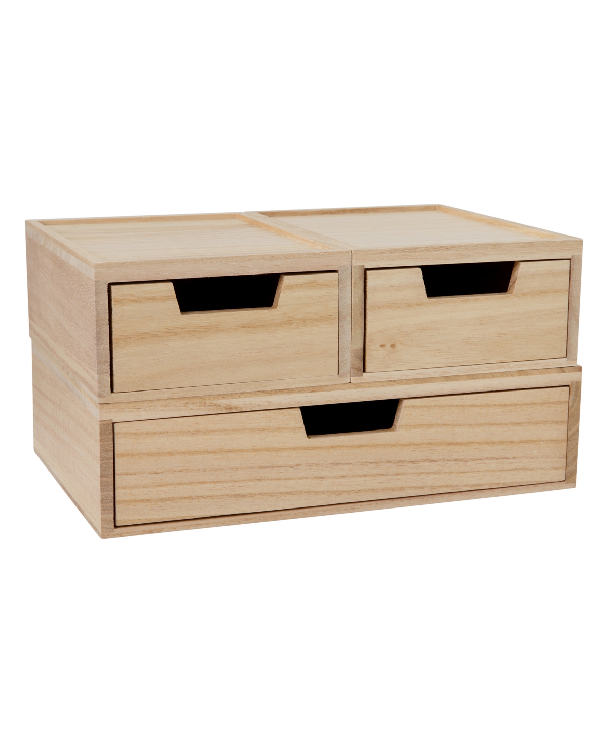 Martha Stewart Weston Stackable Paulownia Wood Boxes With Drawers, Office Desktop Organizers, 3 Compartments In Light Natural
