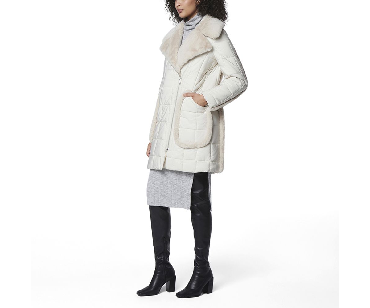 Women's Astor Asymmetrical Mixed Media Puffer With Faux Fur Trim