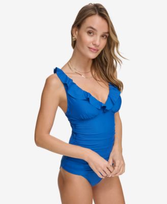 Dkny Womens Ruffle Neck Tankini Top Classic Mid Rise Bottoms In Pacific Blue