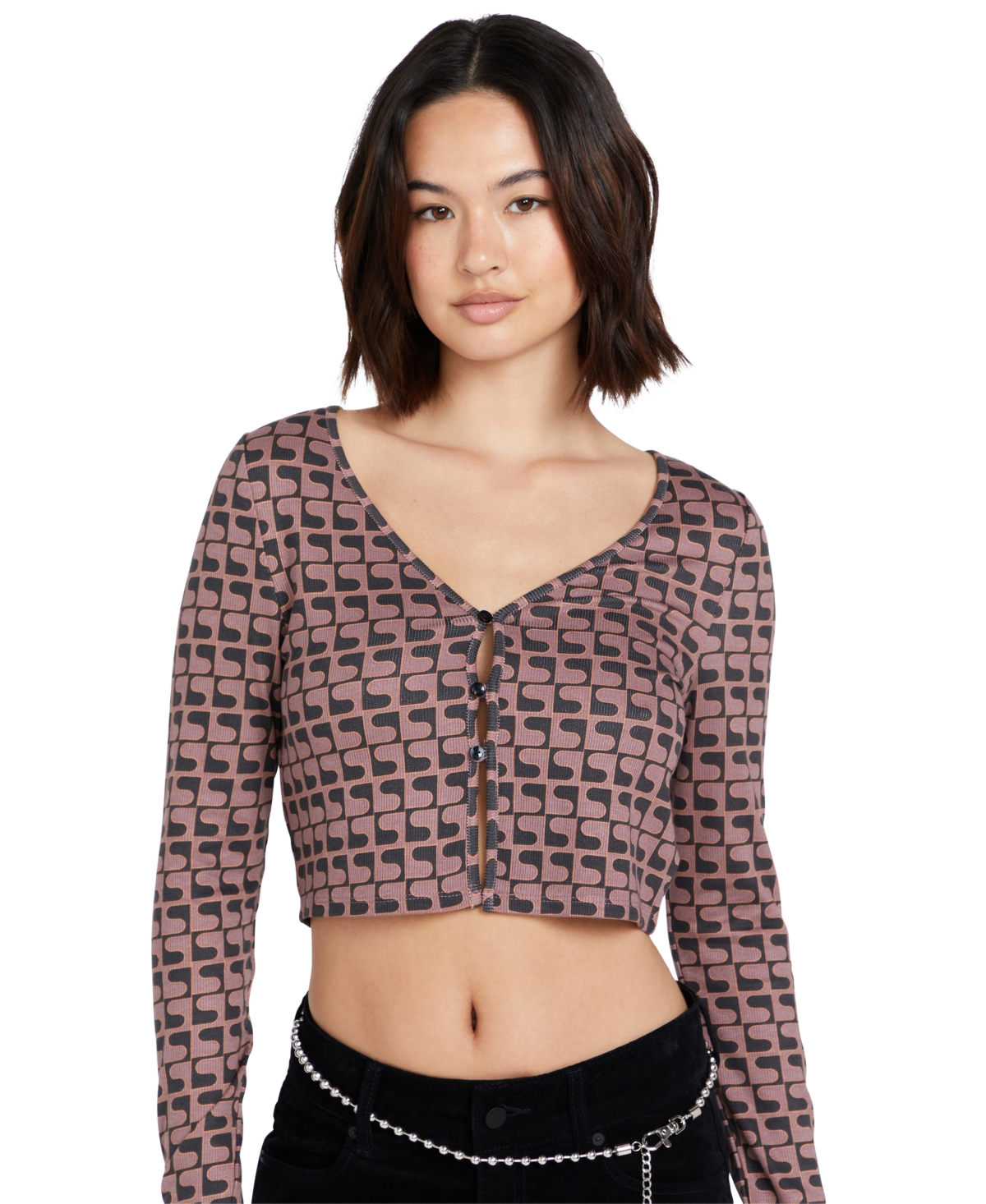Shop Volcom Juniors' Disco Rodeo Long-sleeve Cropped Top In Vintage Black