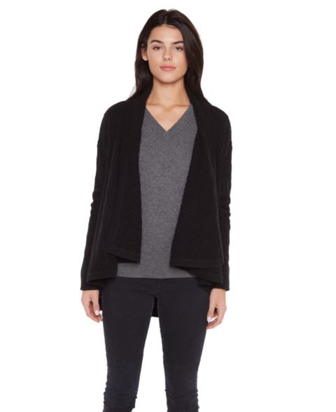 Женский кардиган JENNIE LIU 100% Pure Cashmere 4-ply Cable-knit Drape-front Open Cardigan, цвет: Чёрный