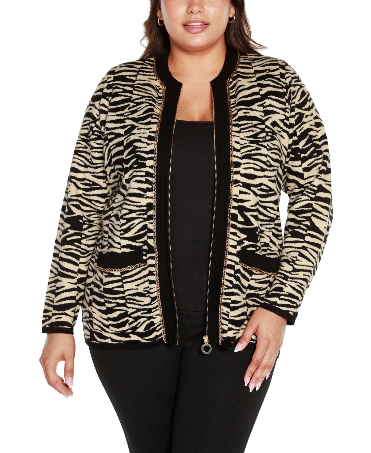 BelldiniLabel Plus Size Zebra Jacquard Sweater Jacket - Black, Cream, Gold