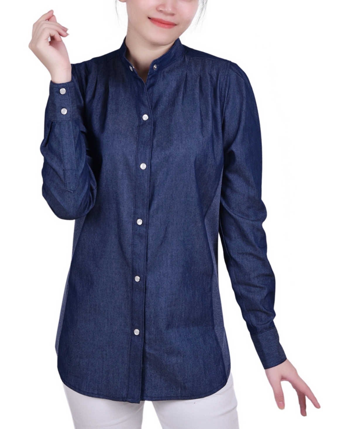 Petite Long Sleeve Chambray Blouse - Medium Denim