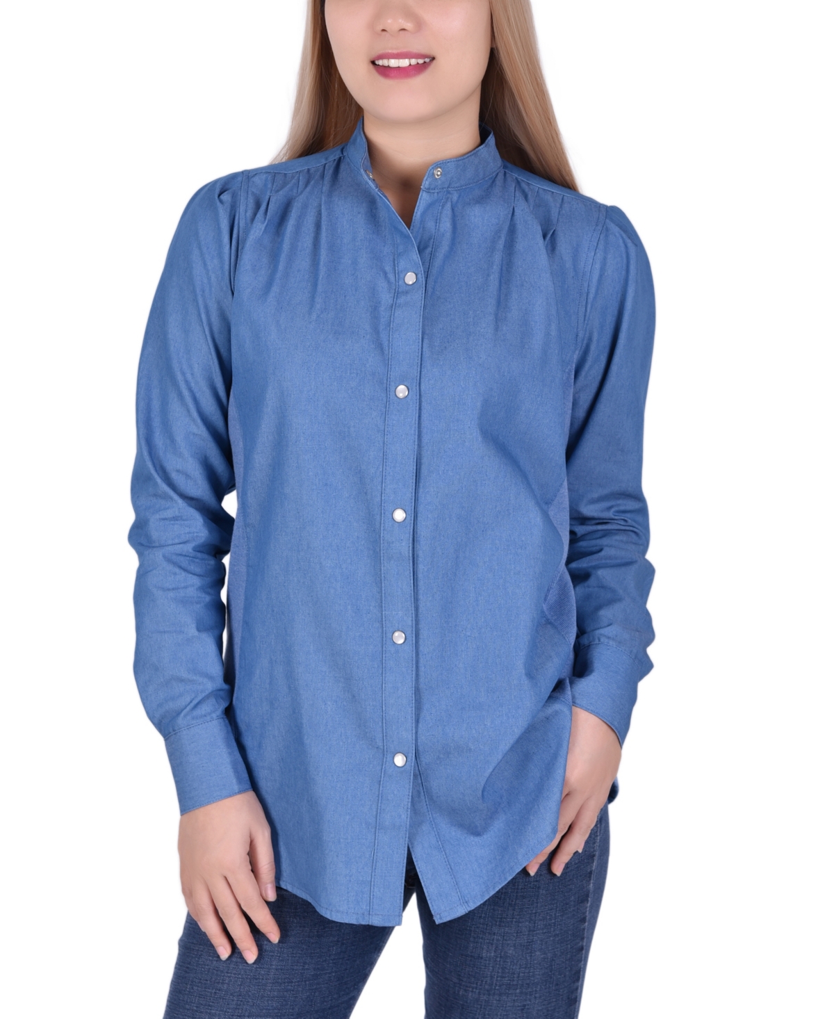 Petite Long Sleeve Chambray Blouse - Medium Denim