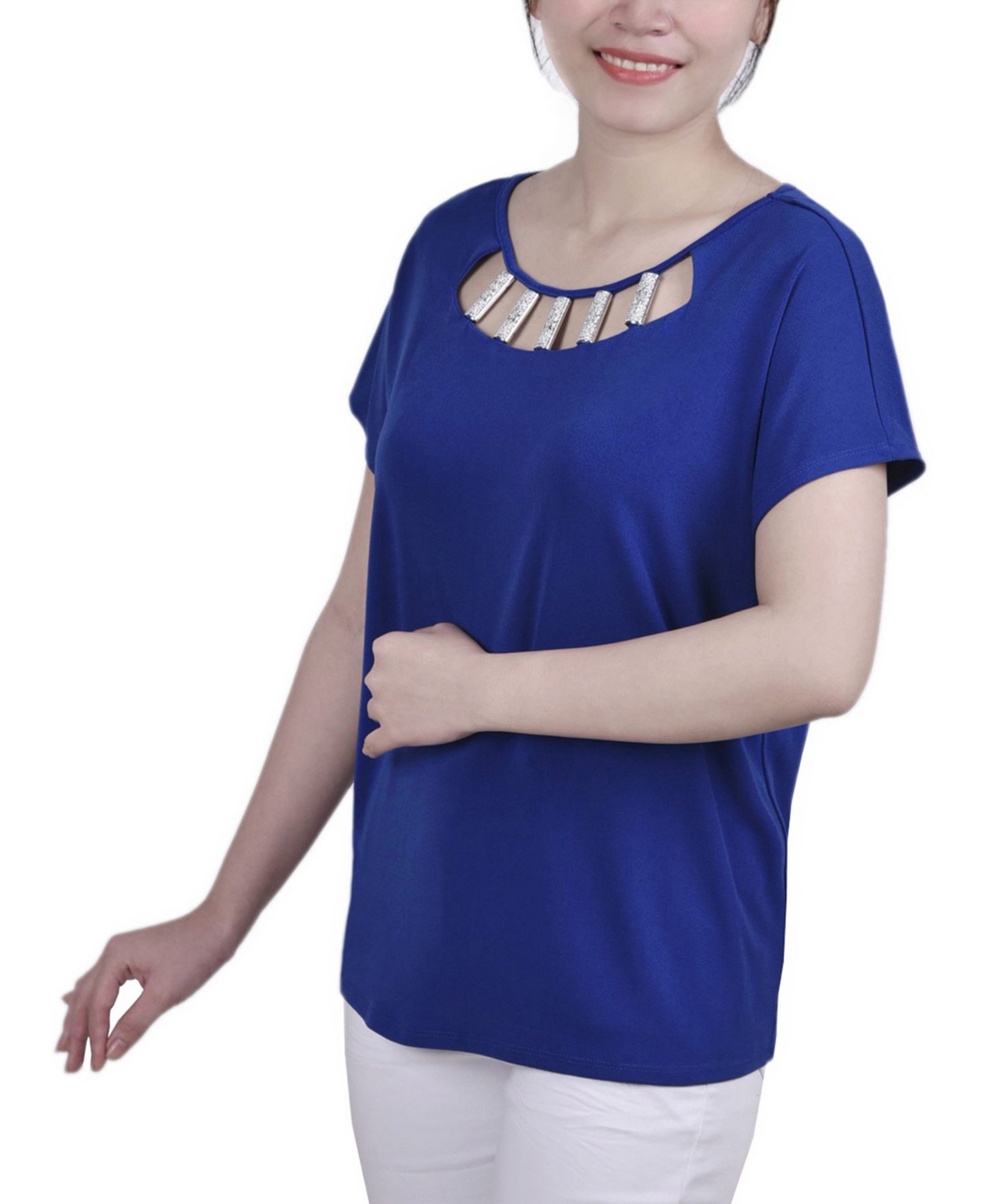 Женский топ NY Collection Petite Short Sleeve Knit with Hardware, цвет: Surf The Web — фото 3