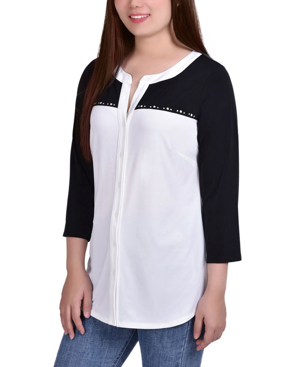Ny Collection Petite 3/4 Sleeve Studded Colorblocked Split Neck Top - Black