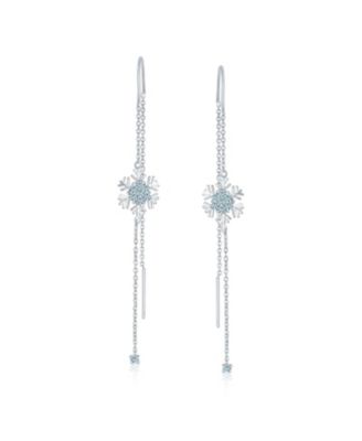 Thin Linear Clear Blue CZ Frozen Winter Holiday Party Snowflake Ear Threader Chain Dangle Earrings For Sterling Silver