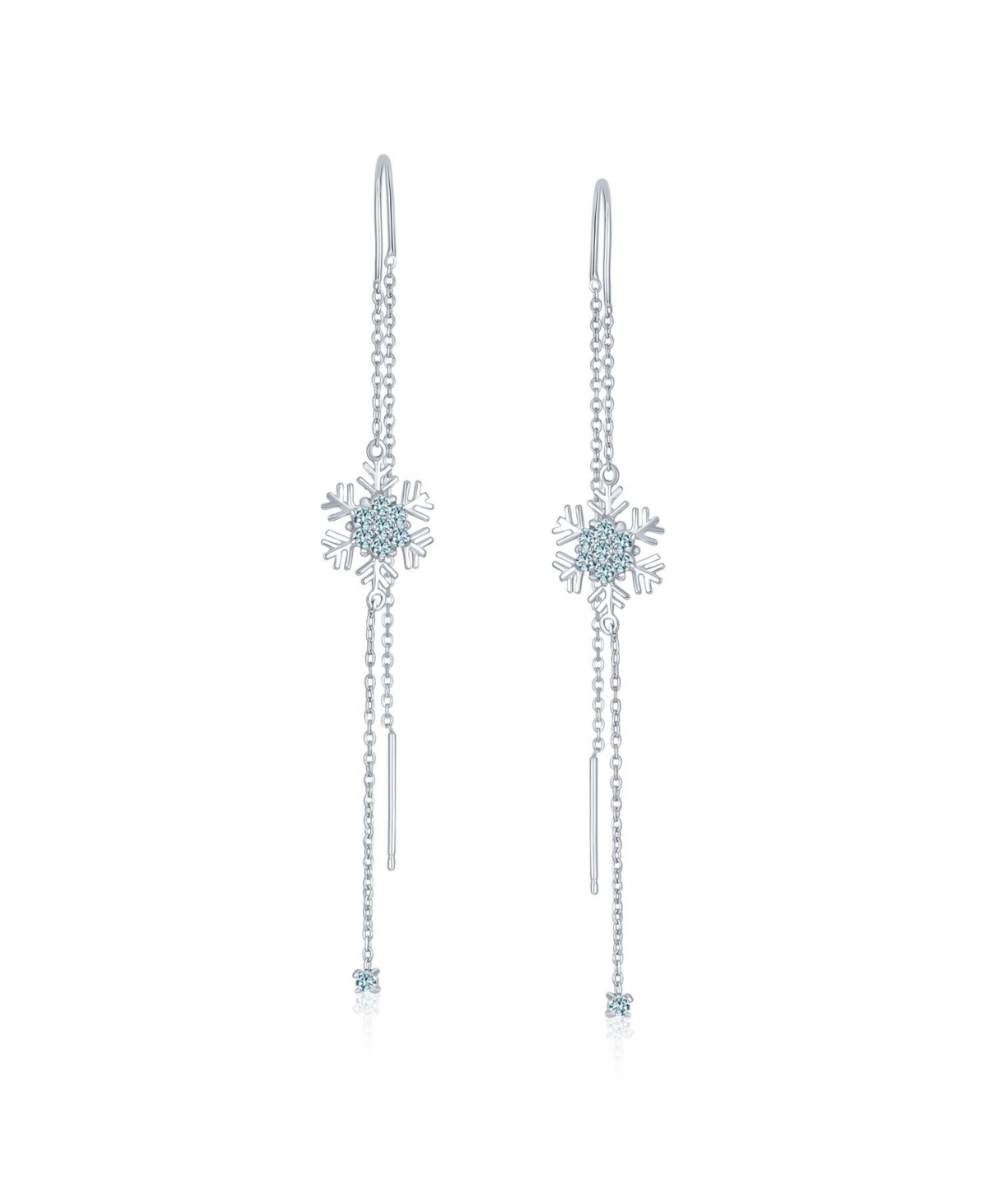 Bling Jewelry Thin Linear Clear Blue Cz Frozen Winter Holiday Party Snowflake Ear Threader Chain Dangle Earrings For Women For Sterling Silver - Silve
