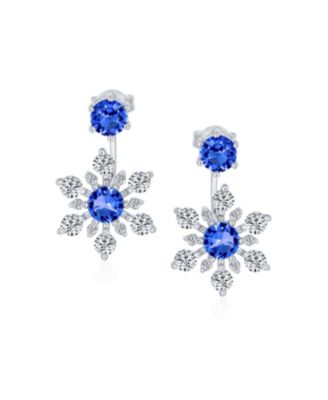 Holiday Party Winter Christmas Blue CZ 2 In 1 Ear Jackets Back Front Snowflake Stud Earrings Sterling Silver