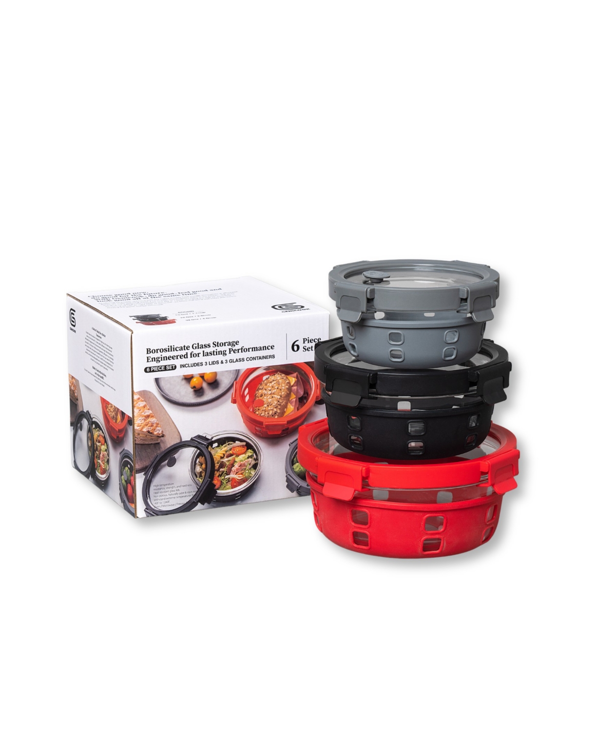 Genicook Borosilicate Glass Container Set With Glass Lids And Silicone Wrap In Multicolor