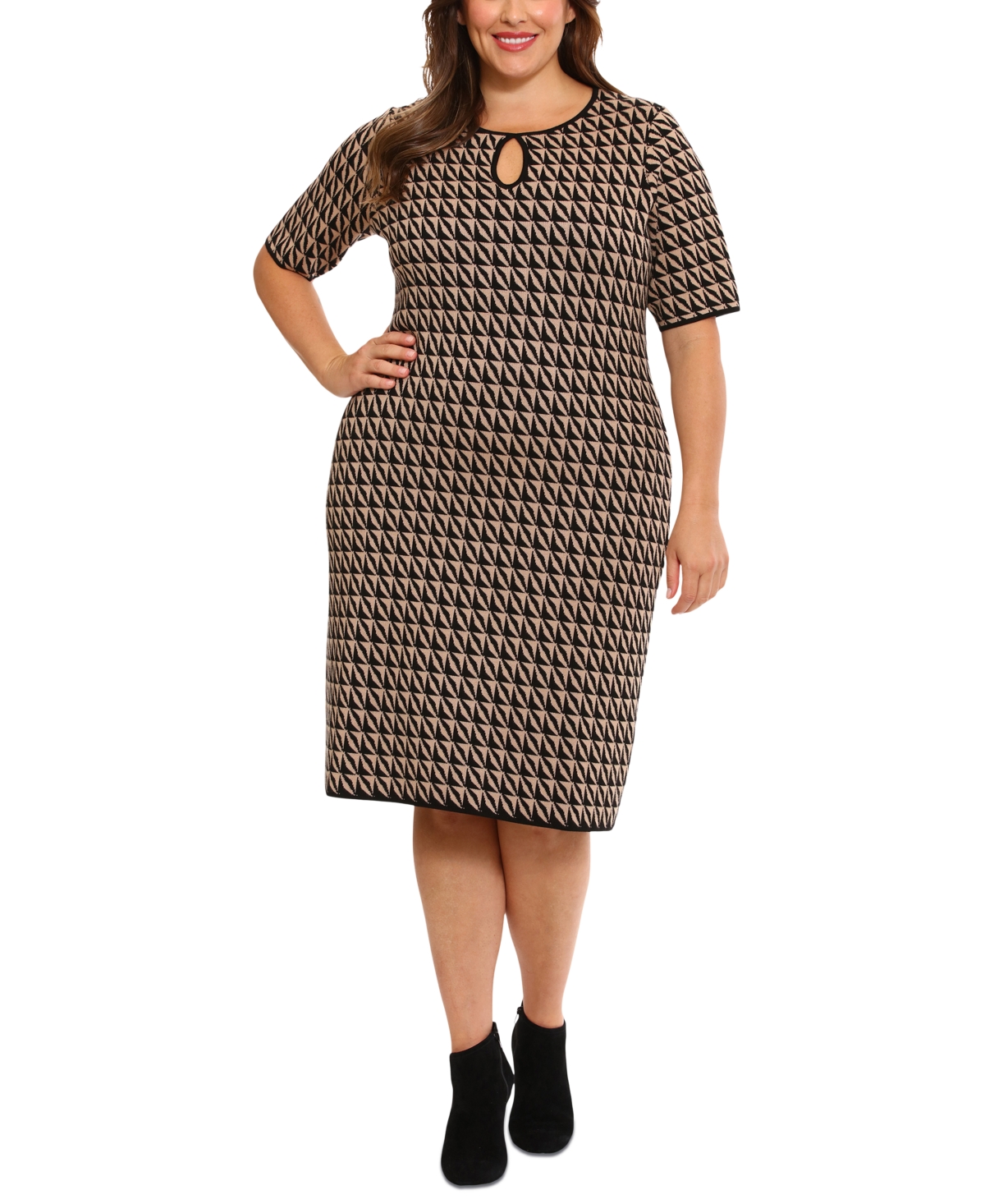 London Times Plus Size Printed Keyhole Sheath Dress In Blk,taupe