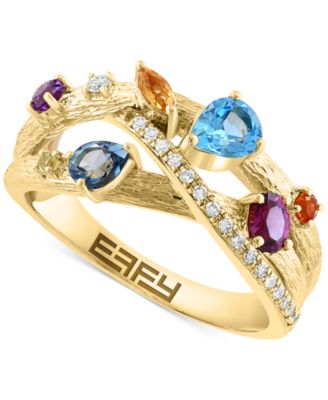 EFFY Collection - Multi-Gemstone (1-1/10 ct. t.w.) & Diamond (1/10 ct. t.w.) Crossover Ring in 14k Gold