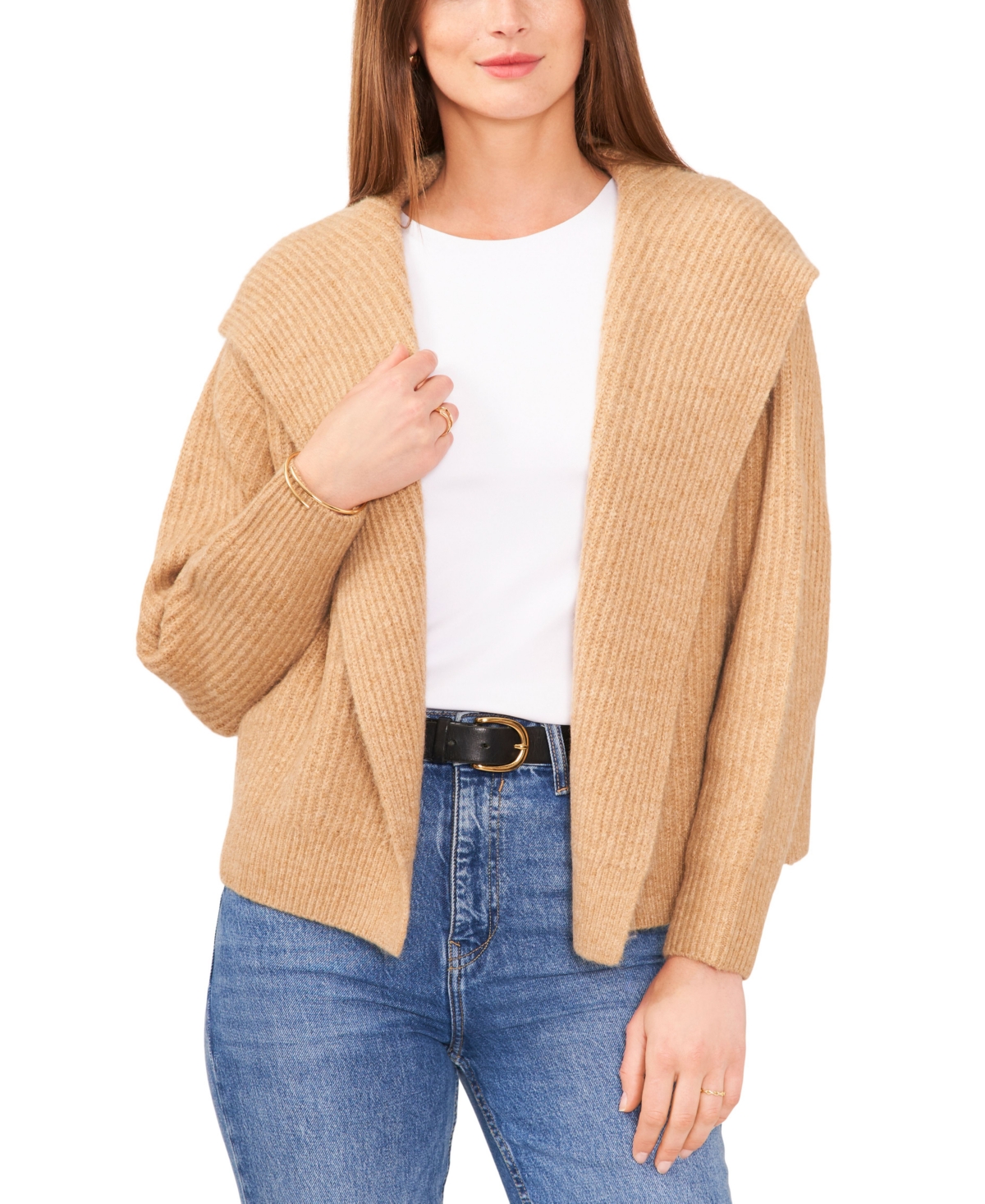 Vince Camuto Women's Ribbed Short Open Hooded Cardigan In Latte Heather