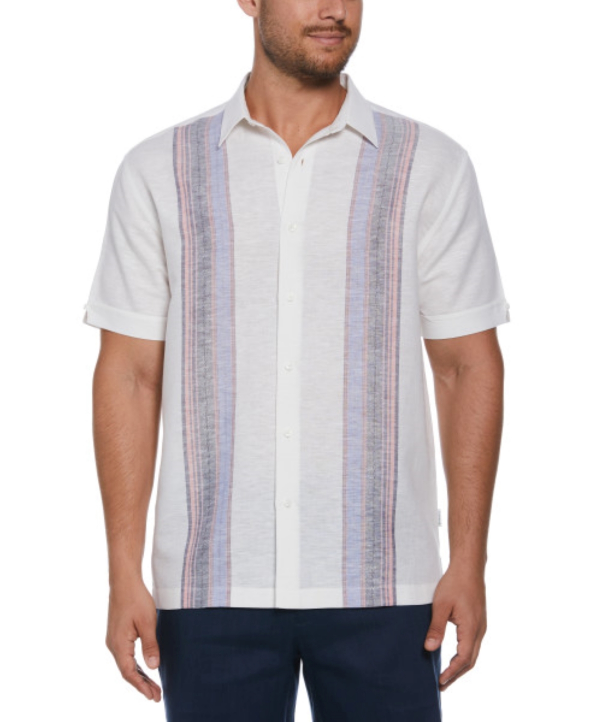 Men's Short Sleeve Button Front Linen Blend Yarn-Dyed Panel Shirt - Brilliant
