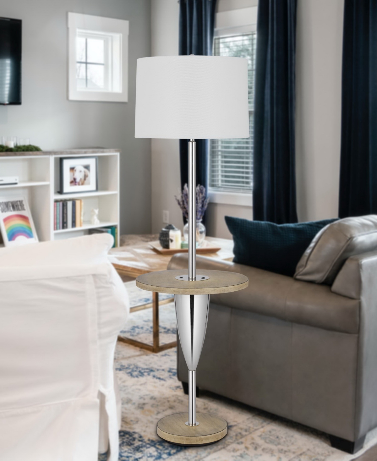 Cal Lighting 61" Height Metal Floor Lamp With Wooden Tray Table In Chrome,wood