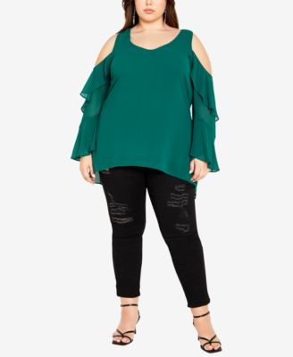 Plus Size Hi Lo Cold Shoulder Long Sleeve Top