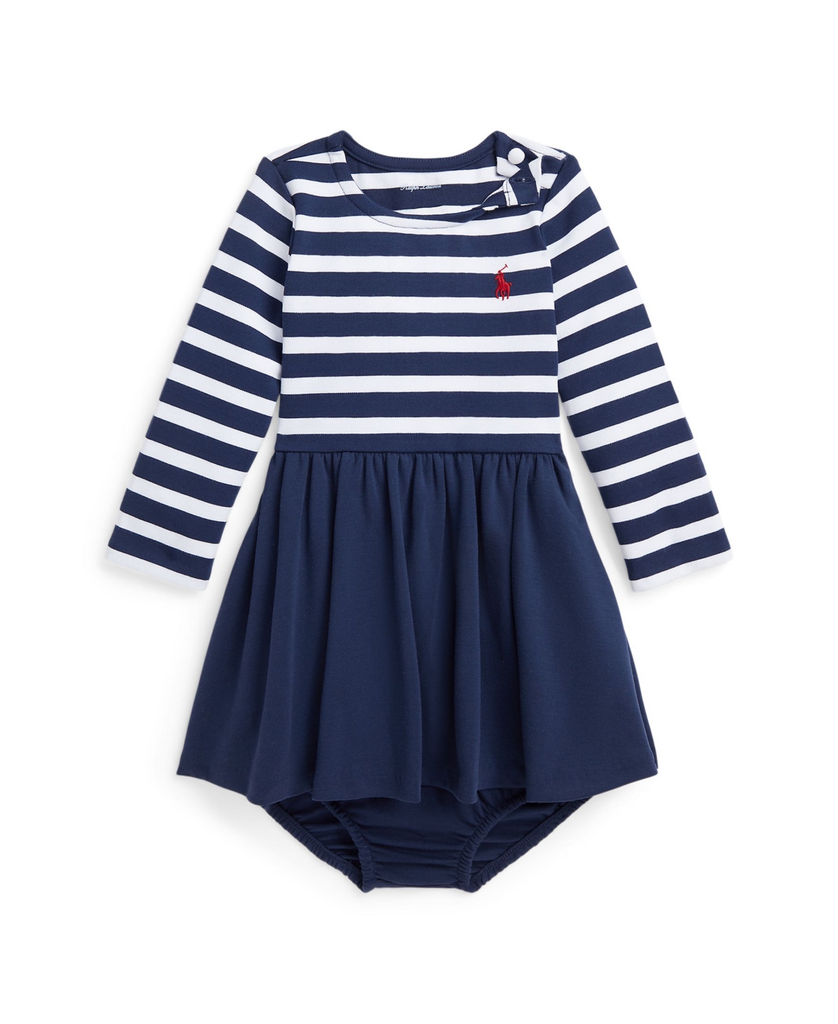 Shop Polo Ralph Lauren Baby Girls Striped Stretch Ponte Dress And Bloomer Set In Newport Navy With White