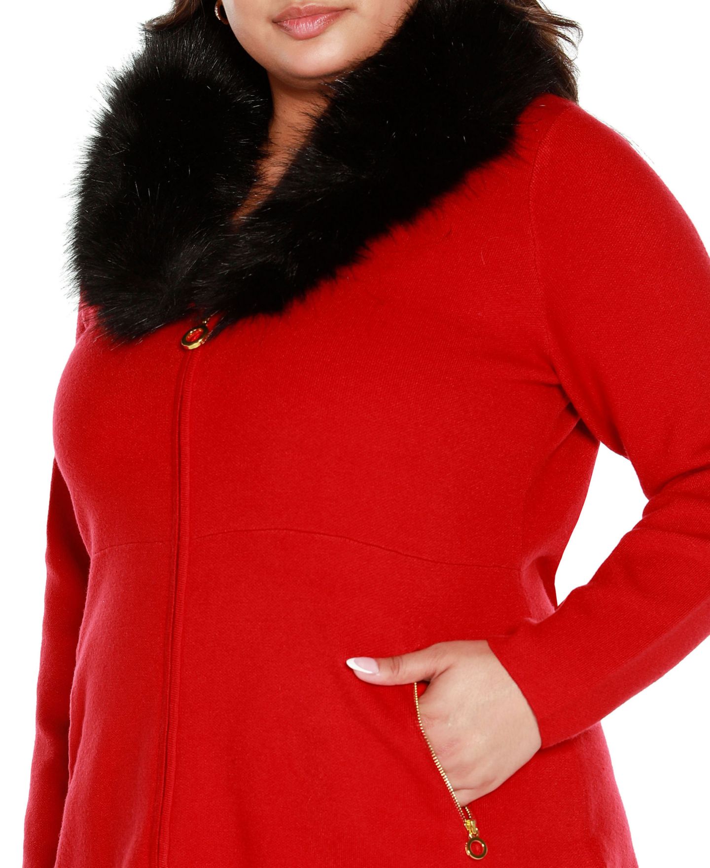 Женский кардиган Belldini Black Label Plus Size Faux Fur Collar, цвет: Красный / Чёрный — фото 4