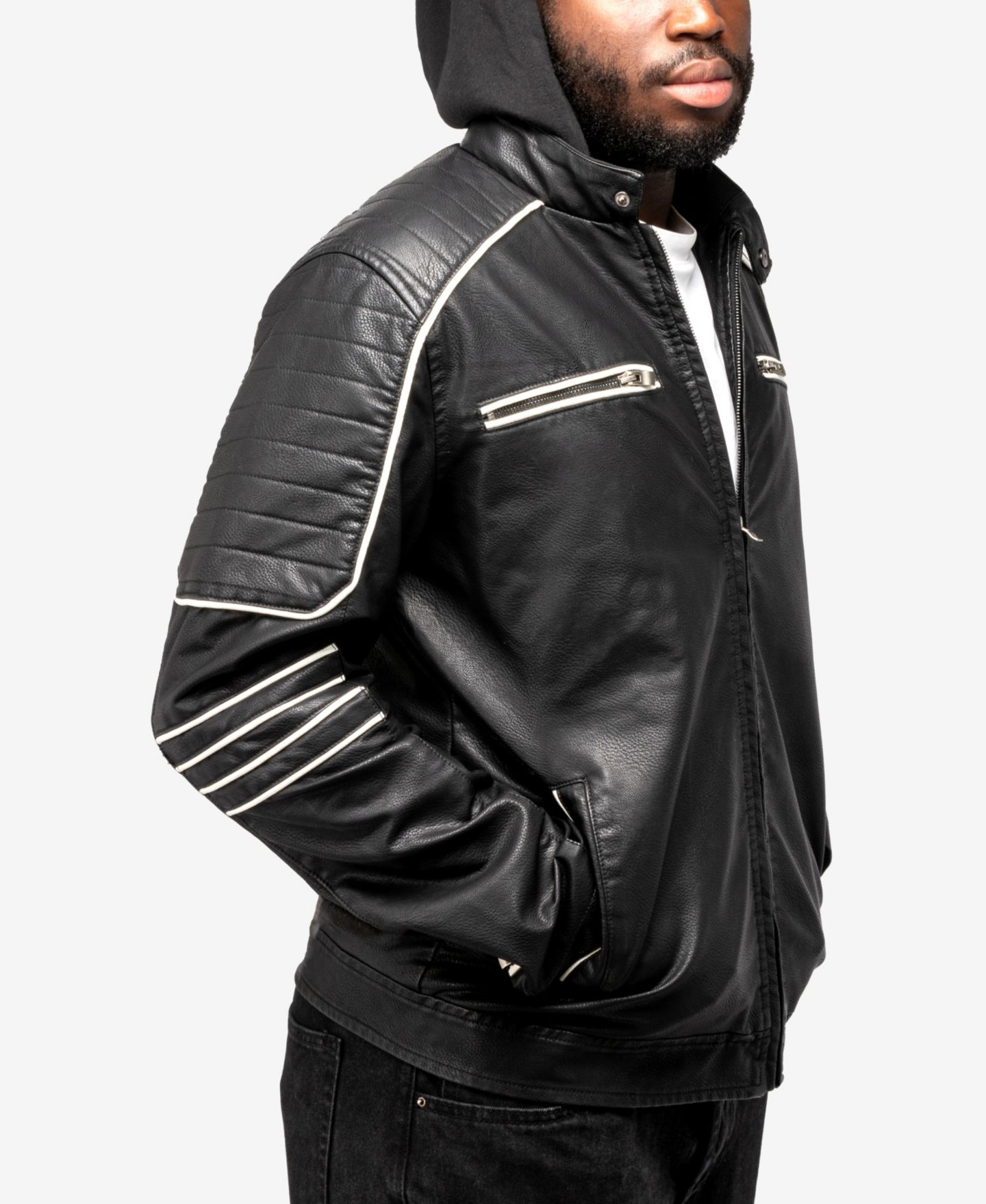 Мужская куртка X-Ray Grainy PU Moto With Hood and Faux Shearling Lining, цвет: Чёрный / Белый — фото 13